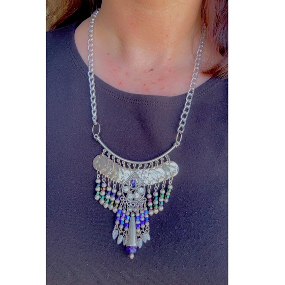 Jewelry - Boho Silver Tone Bib Necklace Blue Iridescent Beads Coin Dangle Heart Clasp 21in